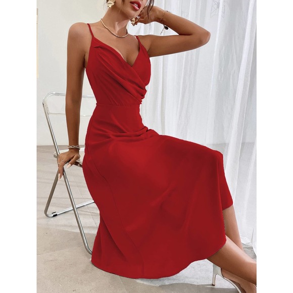 Wrap Ruched Split Thigh Cami midi Dress black - Picture 6 of 11